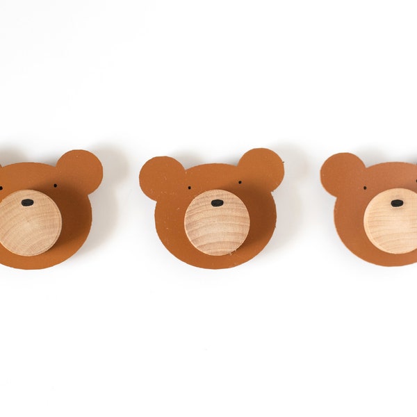 Custom Wood Woodland Bear Wood Knobs With Wood Faces In Brown  [For Kids Bedroom or Nursery Dresser Décor]