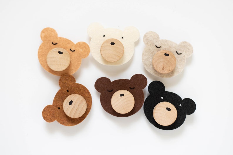Custom Felt Woodland Bear Wood Knobs With Felt Faces In Multiple Colors For Kids Bedroom or Nursery Dresser Décor image 6