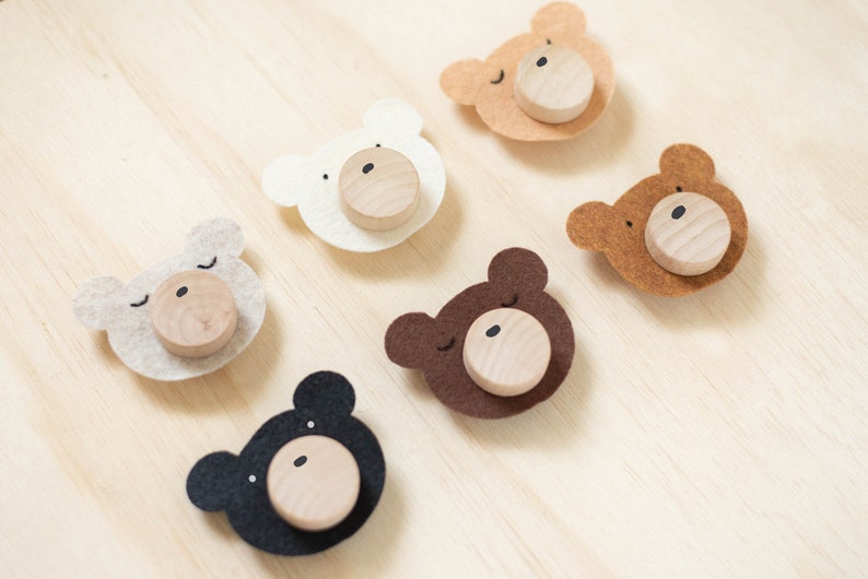 Custom Felt Woodland Bear Wood Knobs With Felt Faces In Multiple Colors For Kids Bedroom or Nursery Dresser Décor image 5