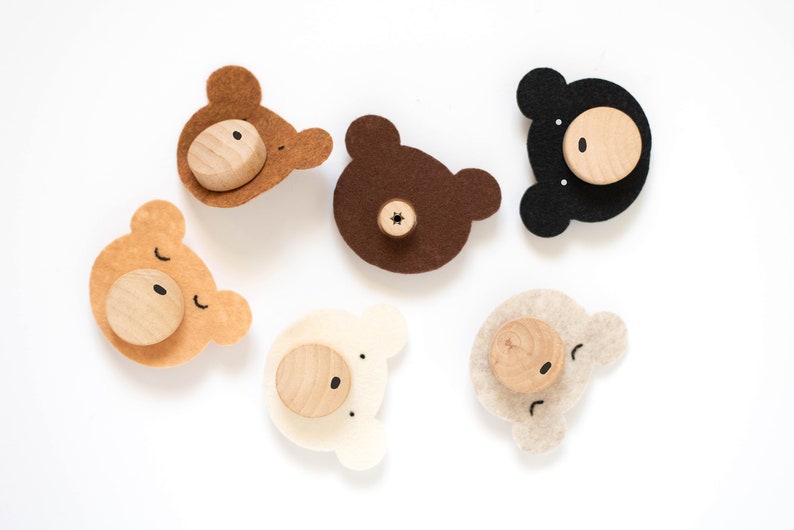 Custom Felt Woodland Bear Wood Knobs With Felt Faces In Multiple Colors For Kids Bedroom or Nursery Dresser Décor image 8