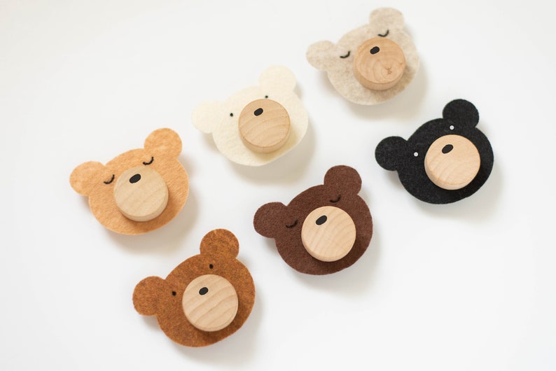 Custom Felt Woodland Bear Wood Knobs With Felt Faces In Multiple Colors For Kids Bedroom or Nursery Dresser Décor image 9