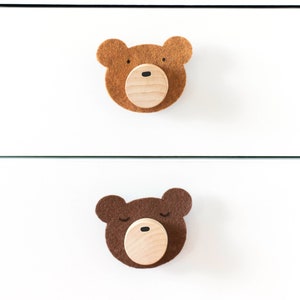Custom Felt Woodland Bear Wood Knobs With Felt Faces In Multiple Colors For Kids Bedroom or Nursery Dresser Décor image 4
