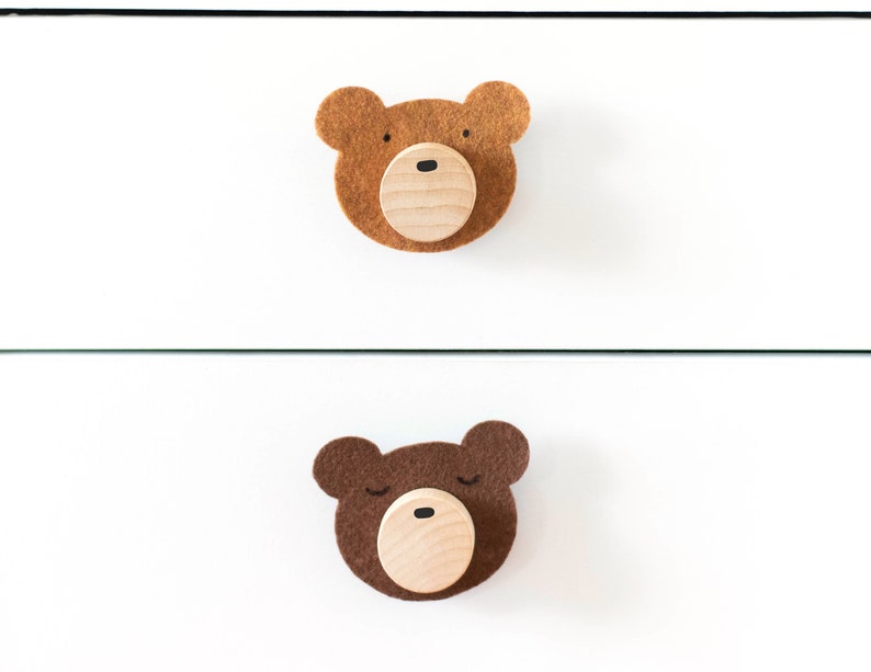 Custom Felt Woodland Bear Wood Knobs With Felt Faces In Multiple Colors For Kids Bedroom or Nursery Dresser Décor image 4