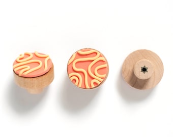 Custom Handmade Textured Surface Squiggle Colorful Polymer Clay Wood Knobs In multiple Colors [For Bedroom or Nursery Dresser Décor]