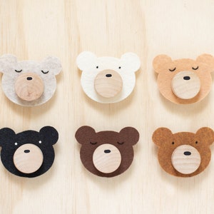 Custom Felt Woodland Bear Wood Knobs With Felt Faces In Multiple Colors  [For Kids Bedroom or Nursery Dresser Décor]