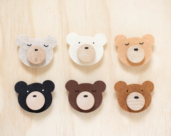 Custom Felt Woodland Bear Wood Knobs With Felt Faces In Multiple Colors  [For Kids Bedroom or Nursery Dresser Décor]