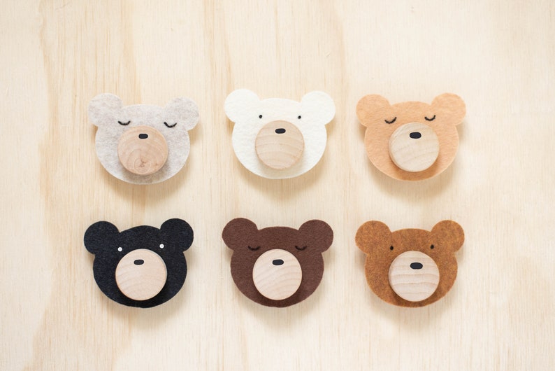 Custom Felt Woodland Bear Wood Knobs With Felt Faces In Multiple Colors For Kids Bedroom or Nursery Dresser Décor image 1