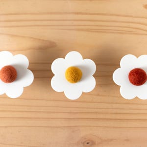 Custom Handmade White Acrylic Daisy Knobs With Wool Pom Pom&#39;s and Wood Handle [For Boho Bedroom or Nursery Dresser Décor]