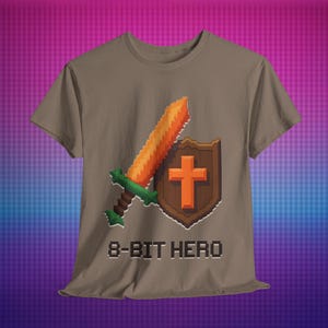 8-Bit Hero Shirt - Retro Gaming Pixel Art Tee | Gift for Video Game Fans and Gamers | Unisex Cotton T-Shirt with Sword Shield Design