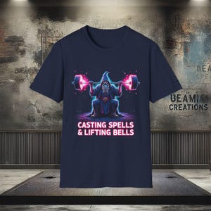 Casting Spells & Lifting Bells Gym T-Shirt - Funny Wizard Workout Shirt | Unisex Soft Fitness Tee for Weightlifting