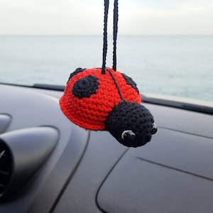 May include: A red and black crocheted ladybug hanging from the rearview mirror of a car. The ladybug has black spots and a black head.