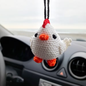 Crocet Chicken Car Ornament, Car Rear View Mirror Hanging, Car Decor, Cute Car Accessory, Bag Ornament,  Birthday,   Independence Day Gift.