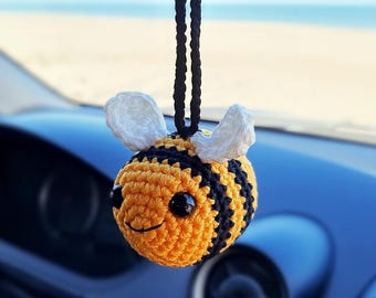 Crochet Bumblebee Car Accessories For Driver, Car Decor, Car Rear View Mirror, Car Hanging  Ornament, Spring Decor,   Independence Day Gift.