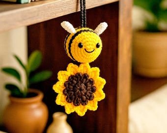 Crochet Bee and Sunflower Car Charm: Handmade Rearview Mirror Hanging, Bee Lover Gift