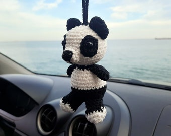 Panda, Car Accessories, Rear View Mirror, Car Ornament,  Boho Car Charm, Car Decor, New Car Gift, Crochet Car Decor, Birthday's Day Gift.