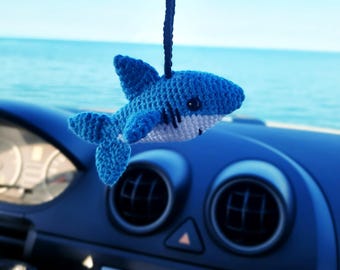 Crochet Shark, Car Rear View Hanging Accessories, Car Ornament, Car Hanging Charm Gift, Car Accessories For Women,  Independence Day Gift.