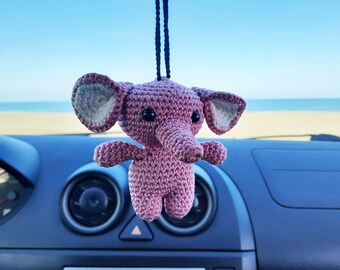 Crochet Elephant Rear View Mirror Car Decor Bag Ornament Key