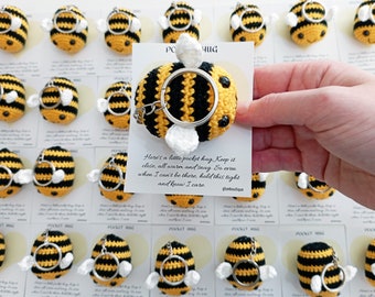 Pocket Bee Hug, Crochet Bee Keychain, Handmade Comfort Gift