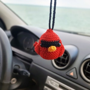 Crochet Cardinal, Car Accessories, Car Rear View Mirror Holder Charm, Car Decor, Gift For Driver Friends,  Handmade Gift.