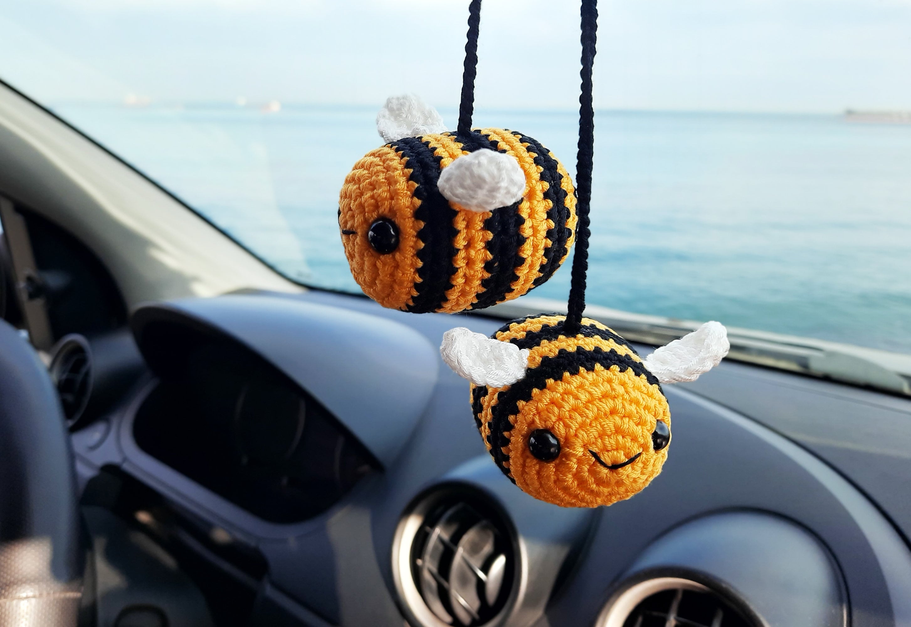 Amigurumi Bee and Sunflower Car Rear View Mirror Accessories MADE TO ORDER  