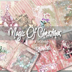Páginas de diario dobles de Magic of Christmas, niños vintage extravagantes dibujados a mano en páginas de manualidades rústicas y desgastadas, papel antiguo para Navidad