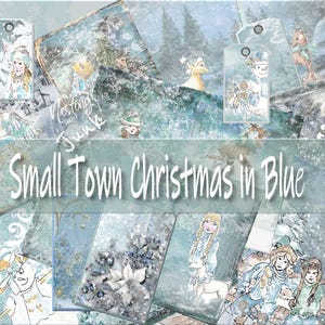 Acuarelas azules para Navidad en un pueblo pequeño, dibujos infantiles divertidos, descargas digitales en azul y verde, imprimibles de invierno para la temporada festiva