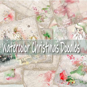Garabatos navideños en acuarela, papeles para manualidades navideñas de estilo victoriano, descargas en rojo y verde, páginas digitales de estilo rural