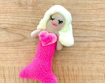 Little Blonde Mermaid Doll, Hot Pink Mermaid with Blond Hair, Pink and Light Yellow Mermaid, Mermaid with Heart, Embroidered Face Doll Decor