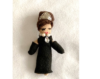 Audrey Hepburn Breakfast at Tiffanys Handmade Plush Doll in Black Dress with Jewels, Holly Golightly Doll with Bun and Black Gloves
