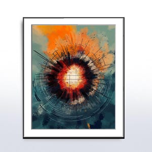 Pode incluir: Impressão de arte abstrata com um design circular e uma explosão de linhas laranja, vermelho e preto que irradiam para fora de um ponto central. O fundo é uma lavagem de aquarela azul-esverdeada suave.