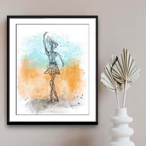 May include: A black and white line drawing of a ballerina in a dance pose. The background is a watercolor wash of blue, orange, and yellow.