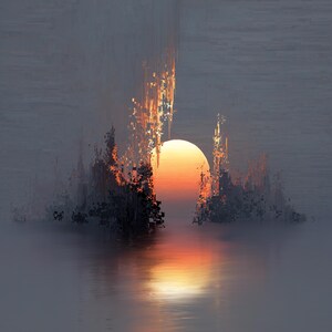 May include: A digital art piece depicting a glowing orange sun setting over a calm body of water. Dark, jagged, pixelated silhouettes rise from the water on either side of the sun, with vertical light streaks extending upward into the gray sky.