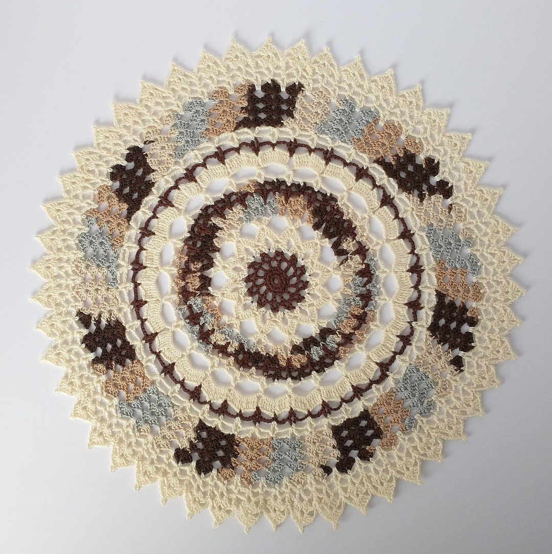 Crochet Farmhouse Coffee Table Doily in Brown and Cream, Table Topper