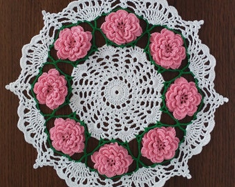 Handmade crochet Vintage Pink Roses doily, spring crochet doily, table topper