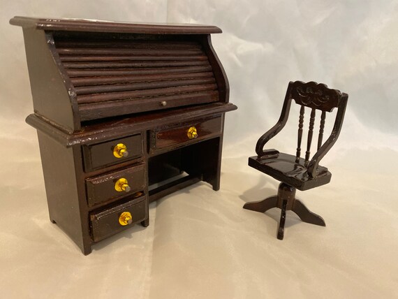 Dollhouse Roll Top Desk And Chair Miniature Desk And Chair Etsy