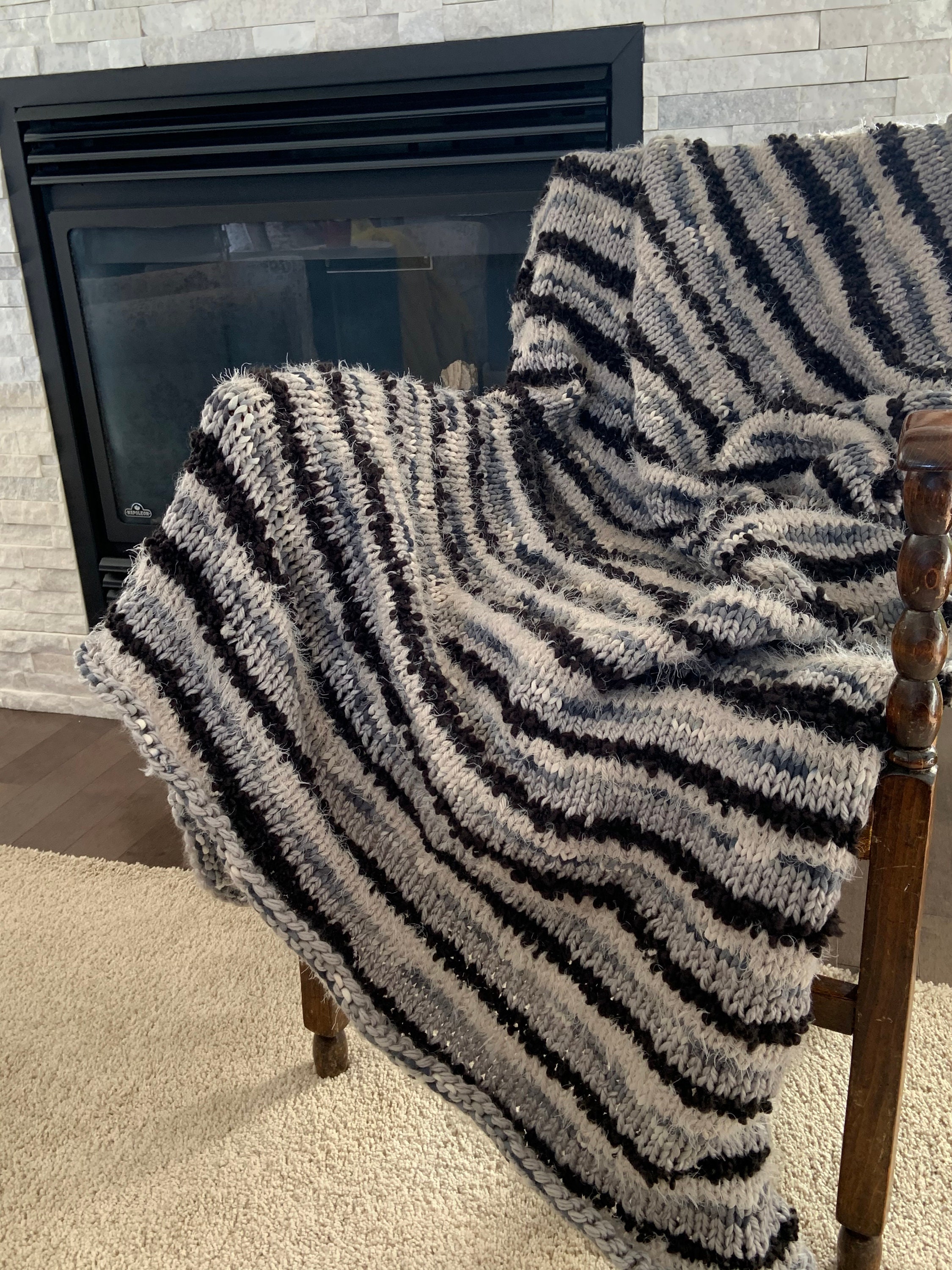 Hand Knitted Grey/black Blanket Reversible Blanket Large Etsy