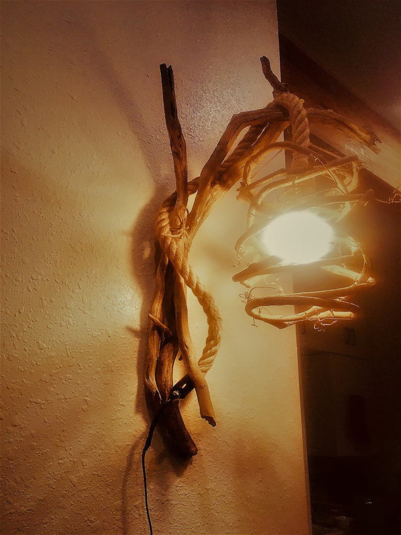 Driftwood Sconce With Rope Cord Wall Sconce Driftwood Lamp Etsy