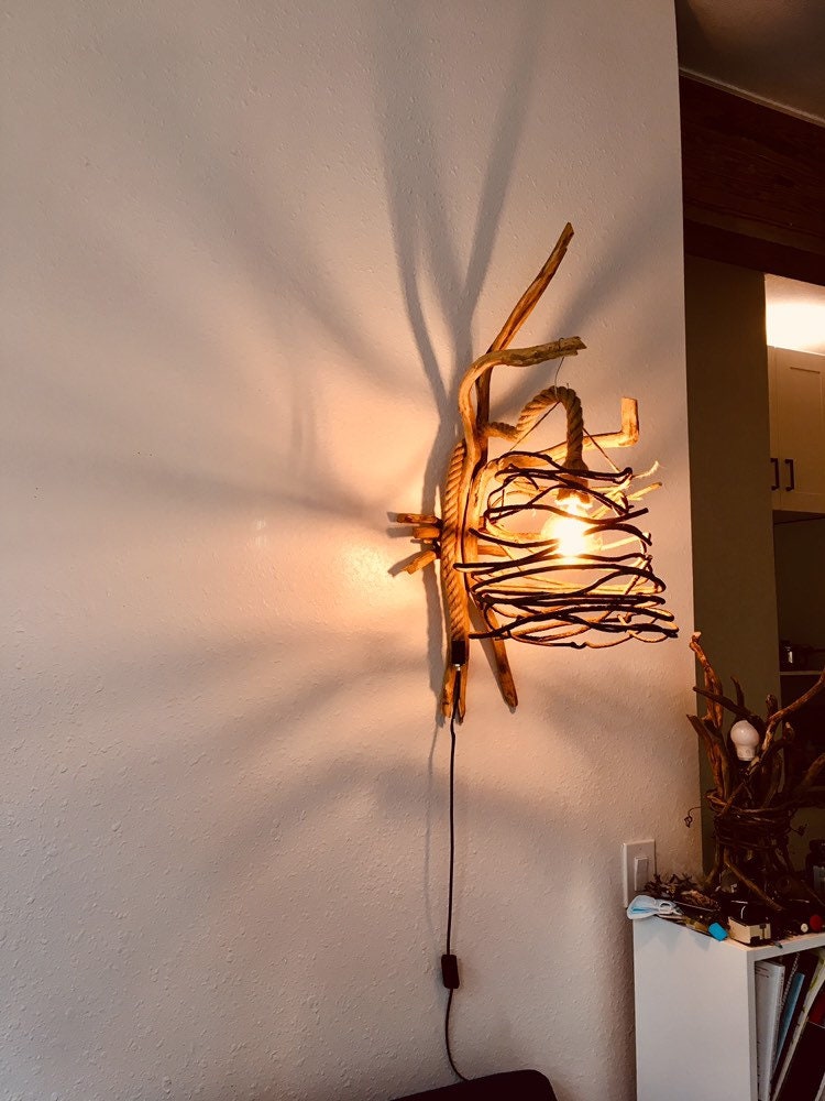 Driftwood Sconce With Rope Cord Wall Sconce Driftwood Lamp Etsy