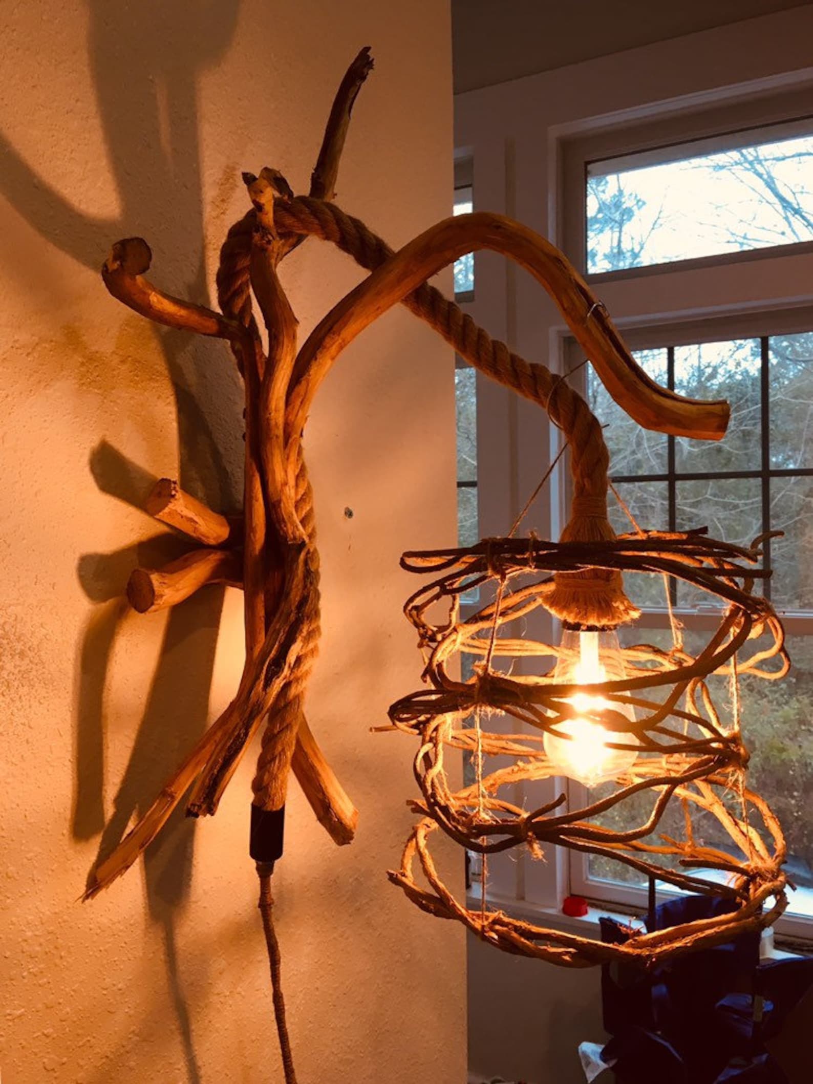 Driftwood Sconce With Rope Cord Wall Sconce Driftwood Lamp Etsy