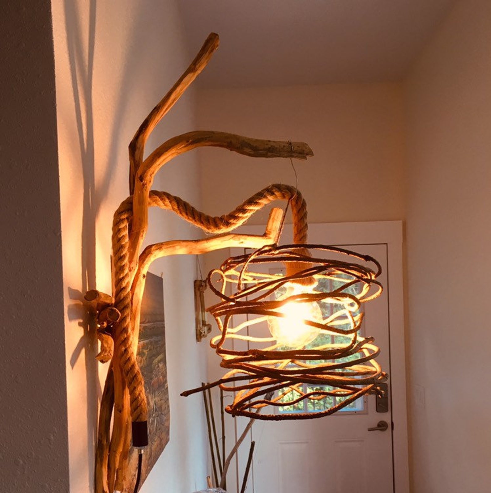 Driftwood Sconce With Rope Cord Wall Sconce Driftwood Lamp Etsy