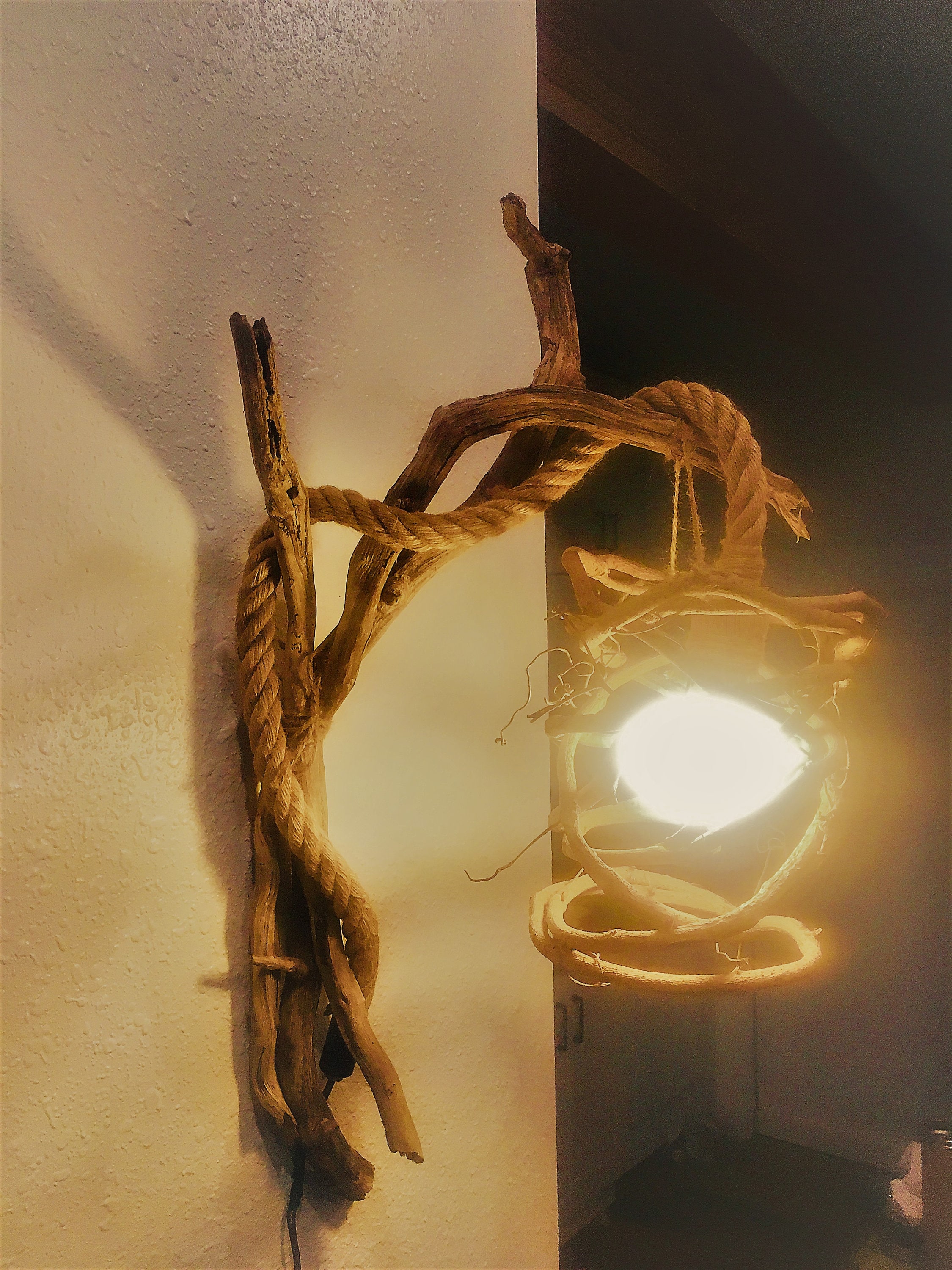 Rustic Driftwood Sconce With Rope Cord & Twisted Vine Shade - Etsy