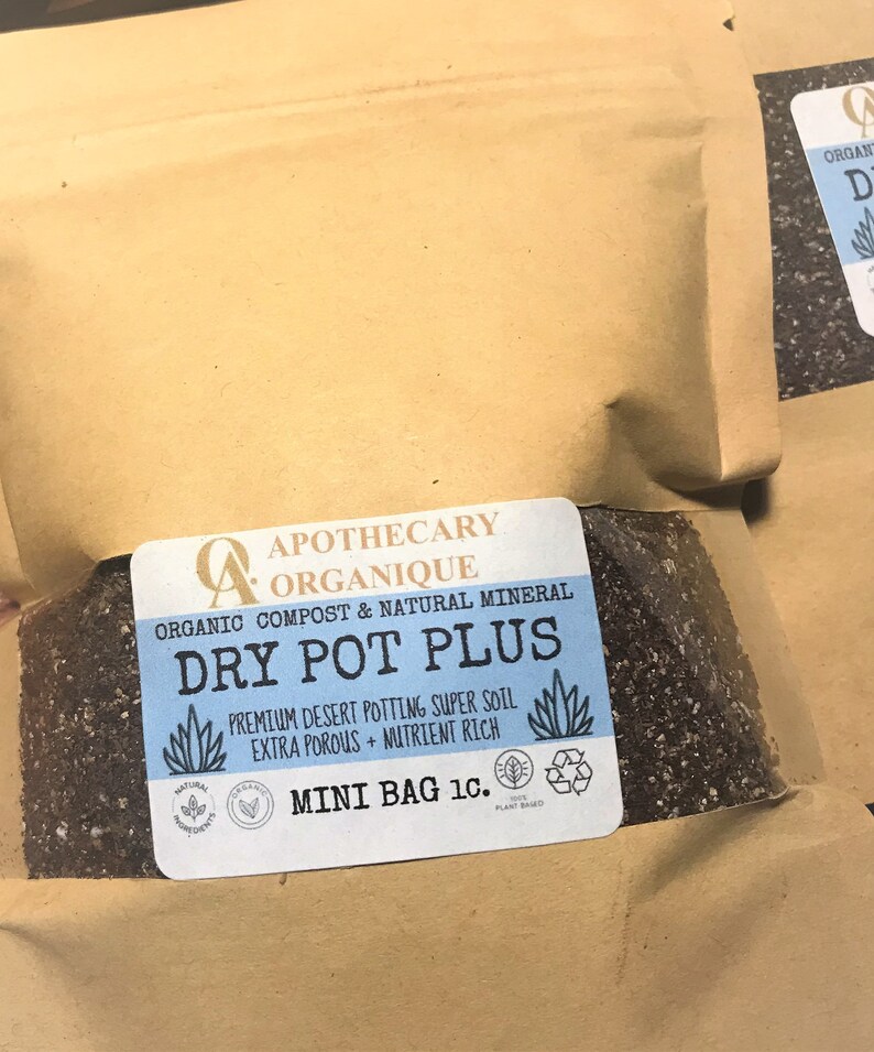 May include: Mini bags of Dry Pot Plus potting soil. The bags are brown with a blue and white label that reads "Dry Pot Plus" and "Premium Desert Potting Super Soil". The bags are labeled "Mini Bag 1c."
