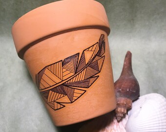 Handmade 3 Inch Mini Geometric Feather Terracotta Pot   | Sacred Geometry Boho Decor Desktop Planter