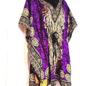 Drawstring Purple and Gold Patterned Kaftan (One Size)