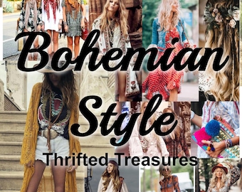 May include: A collage showcasing Bohemian style fashion. The image features various outfits, including dresses, tops, and accessories. The text "Bohemian Style" and "Thrifted Treasures" are overlaid on the image, highlighting the theme of the collage.