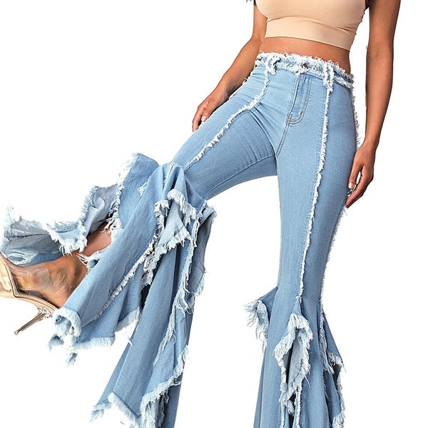 Unique Festival Ruffle Ripped Denim High Rise Jeans Carnival Flares