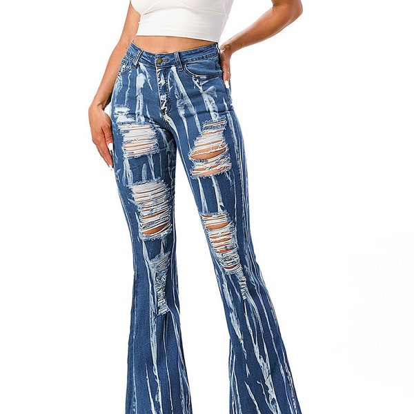 Womens Juniors Heavy Distressed Jeans High Rise Bell Bottom, Bleached Flares