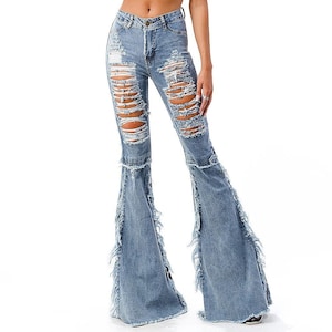 High-rise bell bottom jeans with heavy distressing, Unique Boho Flare Tall 34" Inseam Pants