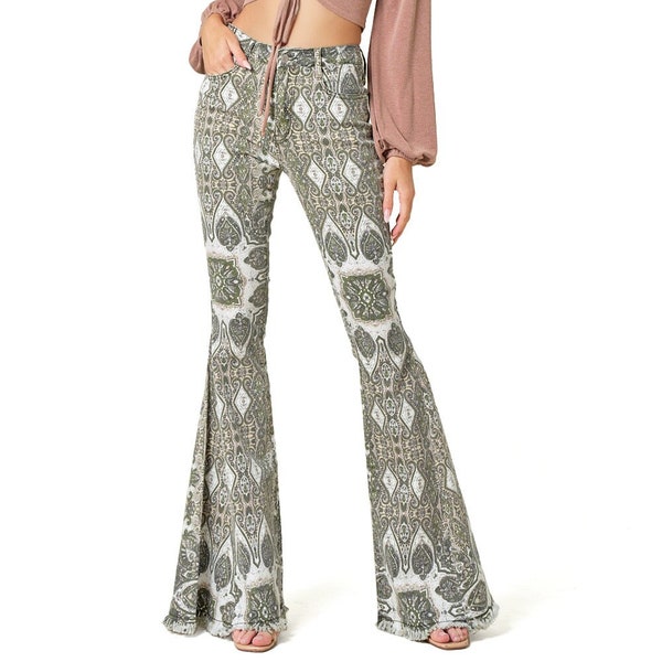 High Waist Paisley Print Pants, Stretchy Denim Flares, Festival Bell Bottoms, Bohemian Frayed Hem Bell Bottoms