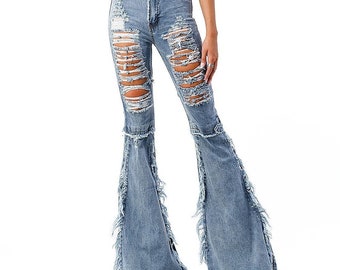 High-rise bell bottom jeans with heavy distressing, Unique Boho Flare Pants
